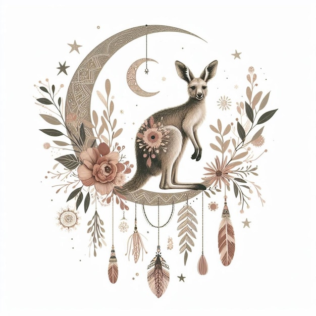 a picture of a fox and a moon with flowers and a deer on it