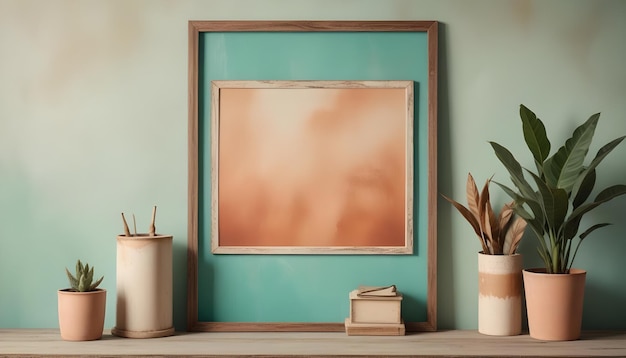 Vector a picture frame with a blurred orange background image placed on a wooden shelf with plants and decorations