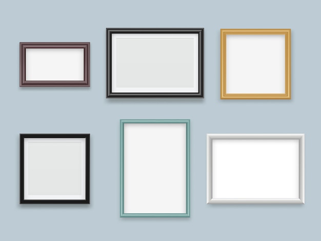 Picture frames realistic. Modern wood empty painting or photography frame vector collection