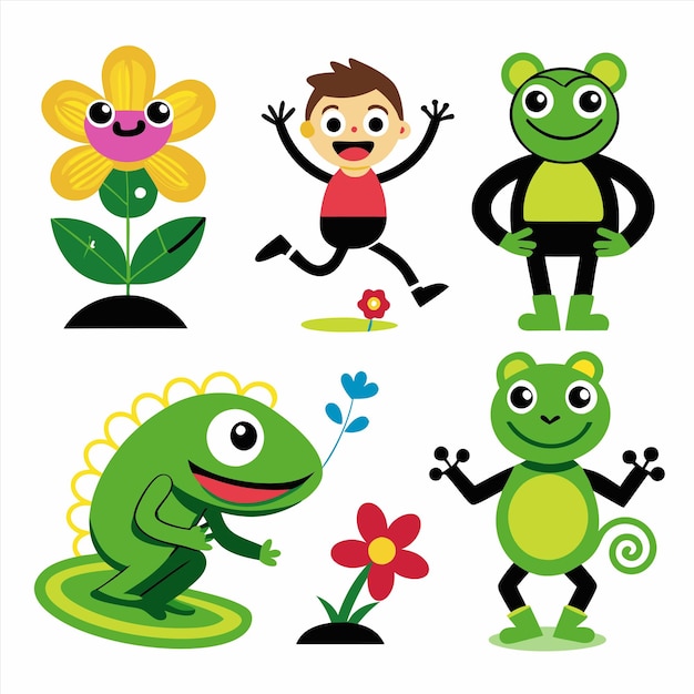 Vector a picture of a frog and flowers with a boy and a flower