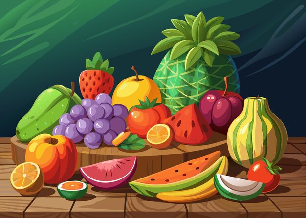 A picture of fruits and vegetables on a table with a green background