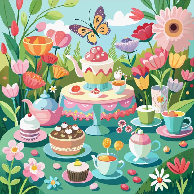 Vector a picture of a garden with a cake and a cupcake with butterflies on it