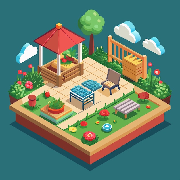 a picture of a garden with a deck and a chair and a tree