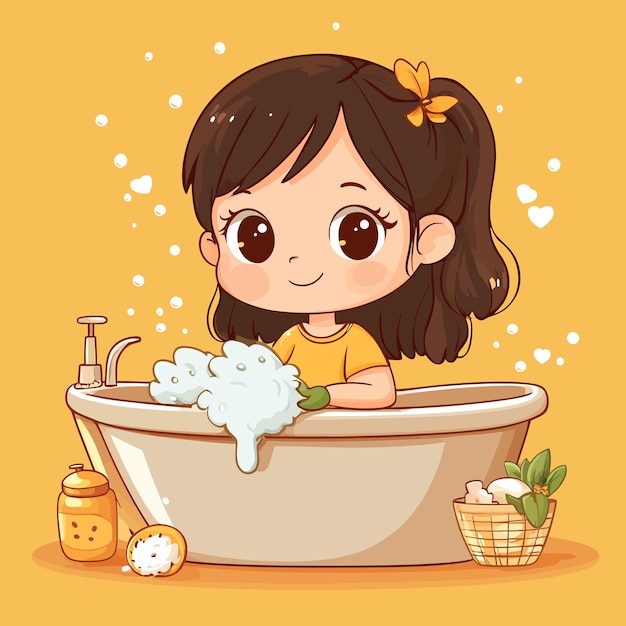 Vector a picture of a girl in a bath with a doll and a lot of soap