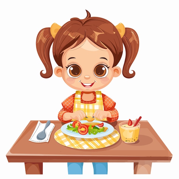 Vector a picture of a girl eating a plate of food with a knife and fork