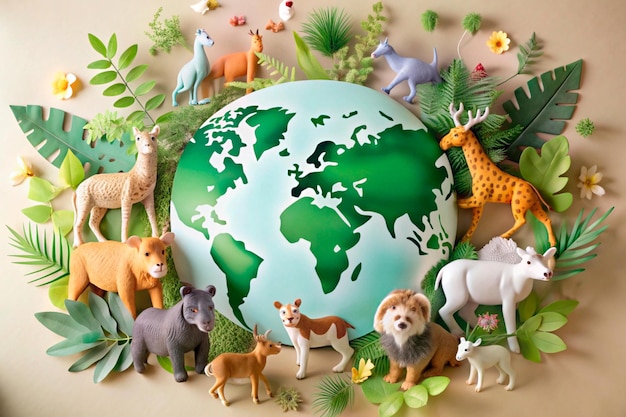 a picture of a globe with animals around it world animal day