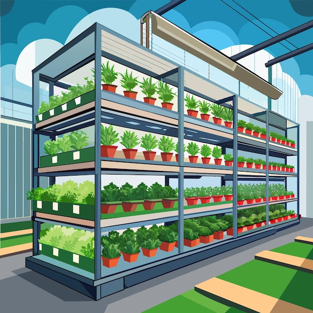 Vector a picture of a greenhouse with plants on the shelves