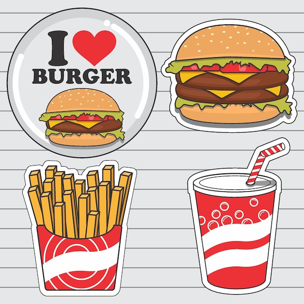 A picture of a hamburger a cup of fries and a soda with the words I love burgers on it