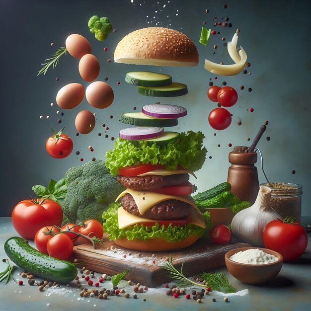 a picture of a hamburger and some tomatoes and a bottle of milk