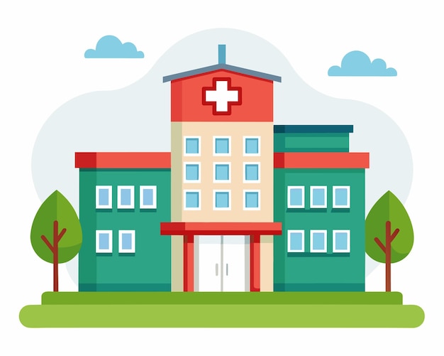 a picture of a hospital with a red and green building with a white cross on it