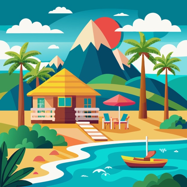 Vector a picture of a house with a beach scene and palm trees