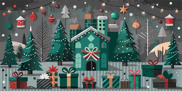 a picture of a house with a christmas tree and presents