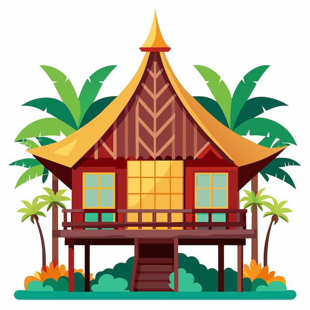 a picture of a house with palm trees and a sky background