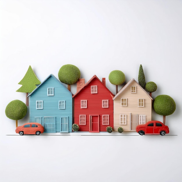 Vector a picture of a house with a red car and a red car with trees on the top