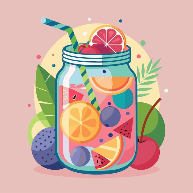 a picture of a jar with fruit and a straw in it