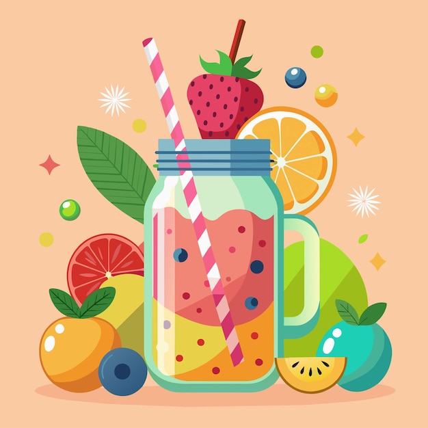 a picture of a jar with fruit and a strawberries on it