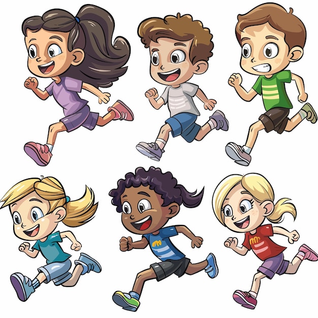 a picture of kids running with different expressions and a white background