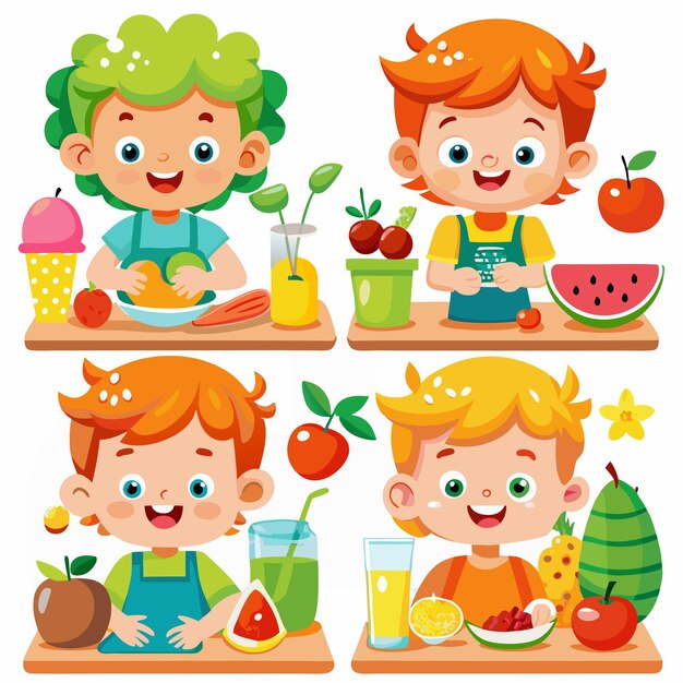 Vector a picture of kids with different fruits and vegetables