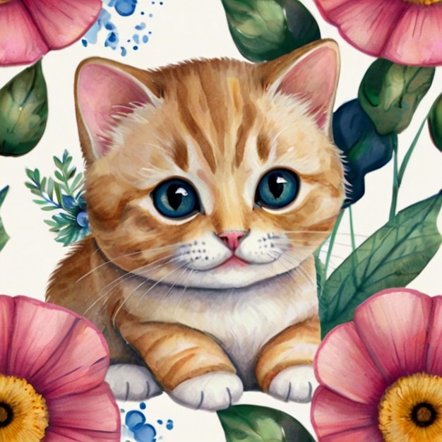 Vector a picture of a kitten with blue eyes and a flower background