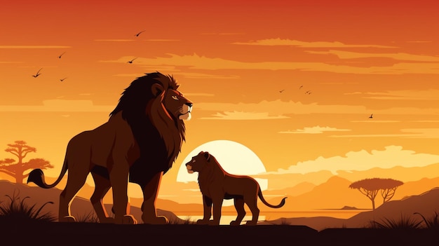 Vector a picture of a lion and lion on a sunset background