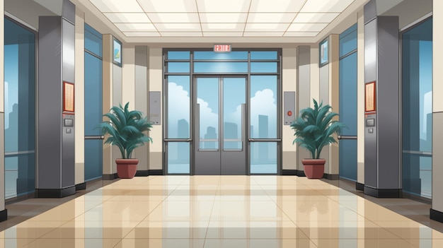 a picture of a lobby with a plant on the left