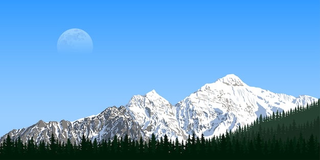 Picture of a mountain range with forest silhouette and moon on background, travel, tourism, hiking and trekking concept