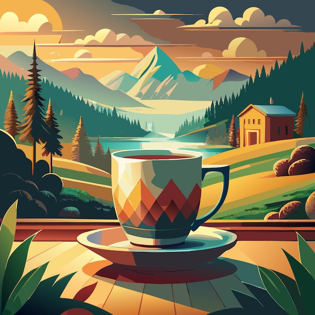 a picture of a mountain valley with a cup of tea and mountains in the background