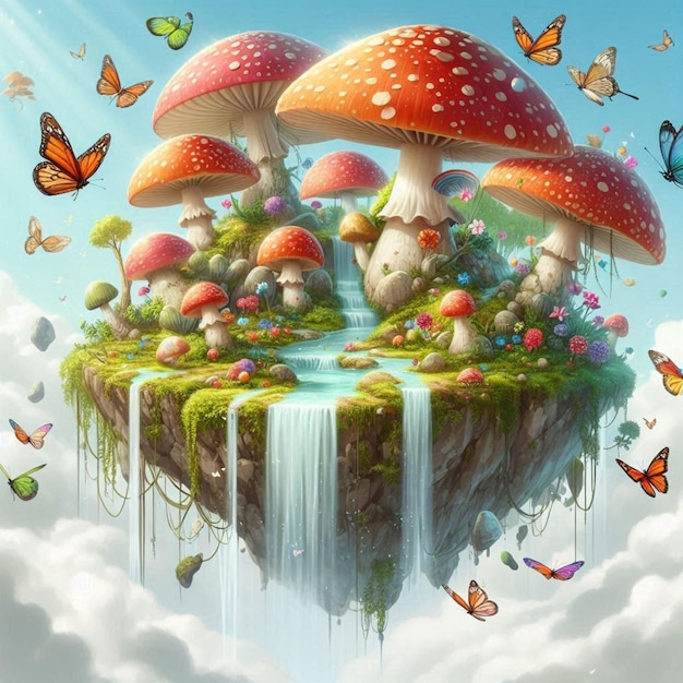 a picture of a mushroom with butterflies and a mushroom on it