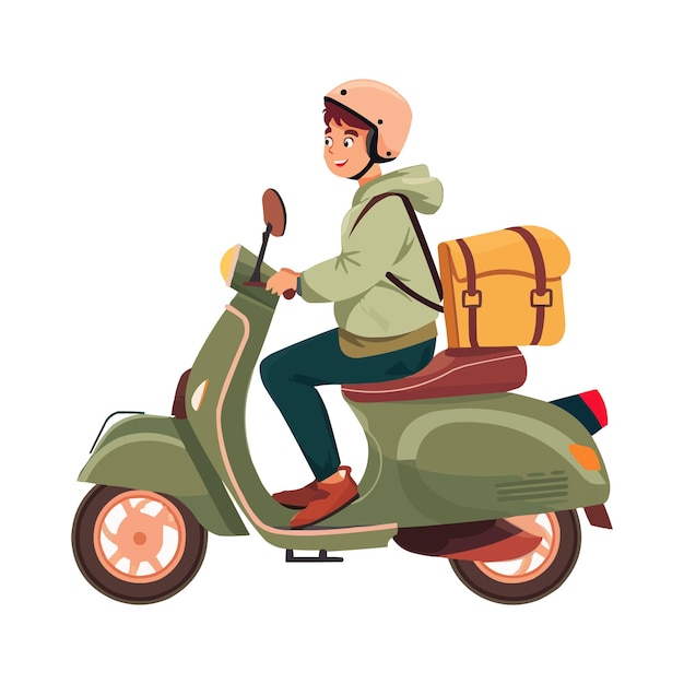 a picture of a person riding a scooter with a backpack on it