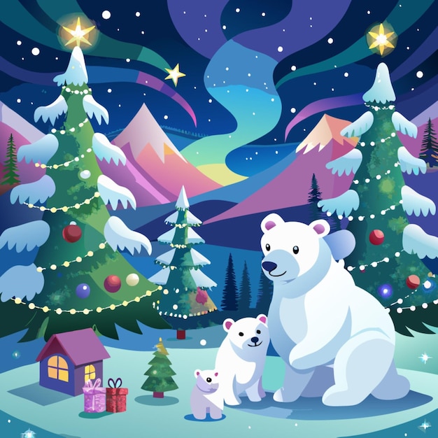 a picture of a polar bear family with a christmas tree and presents