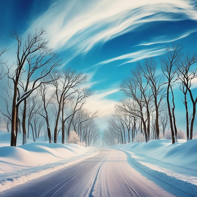 Vector a picture of a road with snow covered trees and a blue sky with a snow covered road