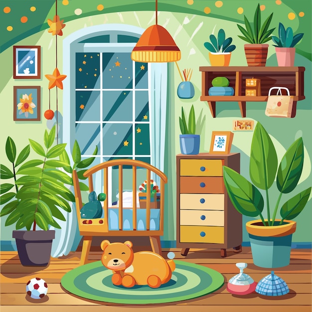 a picture of a room with a bear and a plant