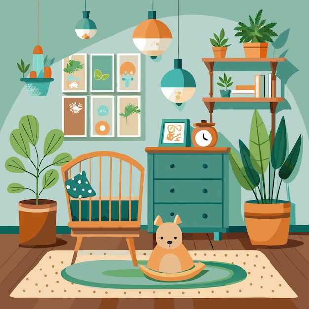 a picture of a room with a dog in a room with plants and a wall clock