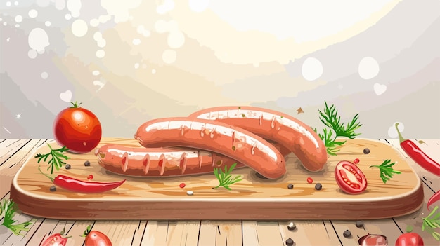 Vector a picture of sausages and tomatoes on a cutting board