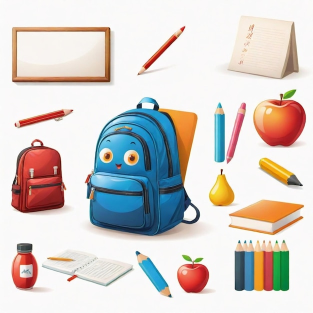 Vector a picture of a school supplies including a backpack and a picture of a school