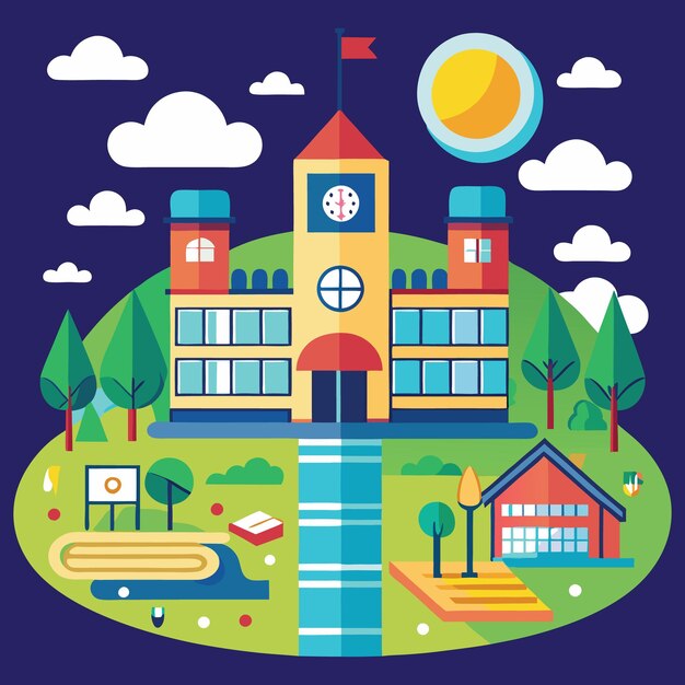 Vector a picture of a school with a clock on the top of it illustration art