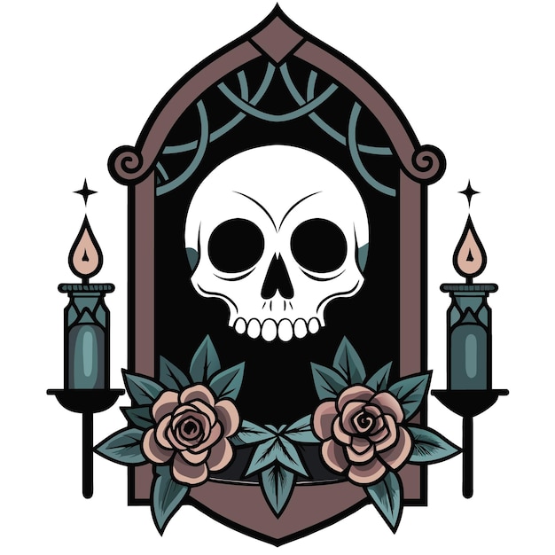 a picture of a skull and roses with a skull and candles