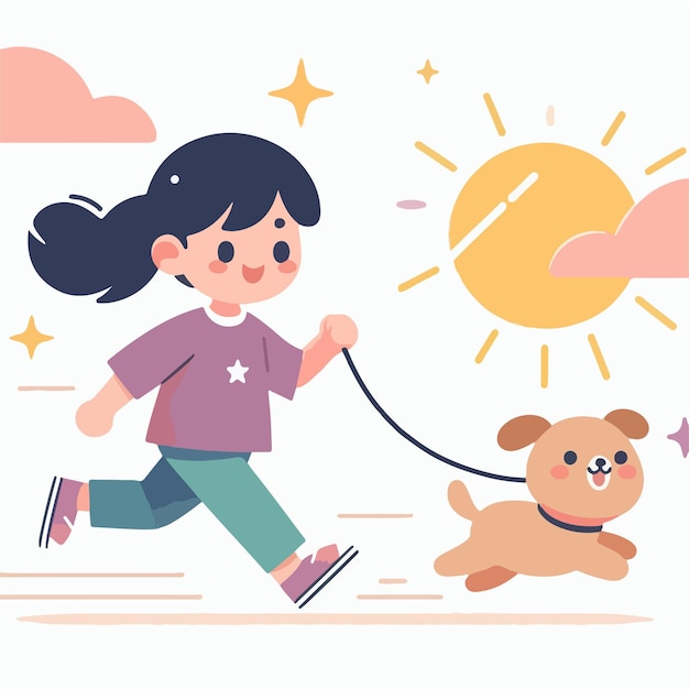 Vector picture of a small child and his pet with his activities