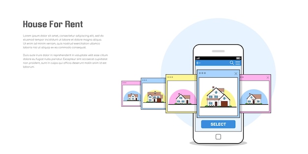 Vector picture of a smartphone with house icons, house for rent, house selection concept, flat style illustration