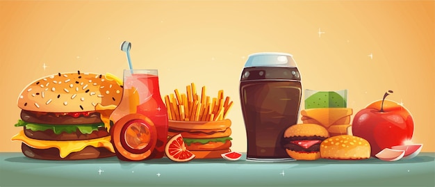 a picture of a table with a hamburger fries and a drink