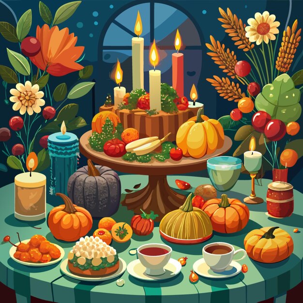 Vector a picture of a table with a table full of food and a candle