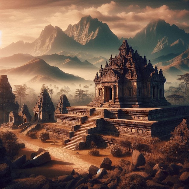 a picture of a temple with mountains in the background