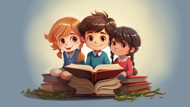 a picture of three children reading a book with the words quot kids quot on the bottom