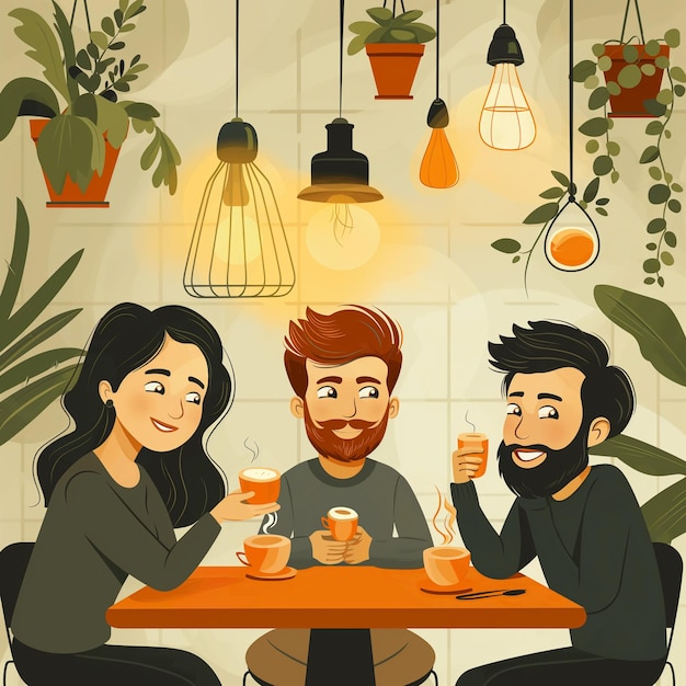 a picture of three people sitting at a table with cups of coffee friendship day