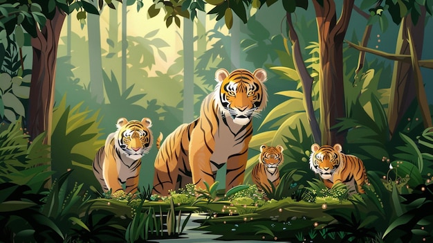 Vector a picture of three tigers in the jungle