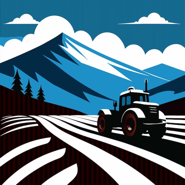 a picture of a tractor on a mountain with a mountain in the background