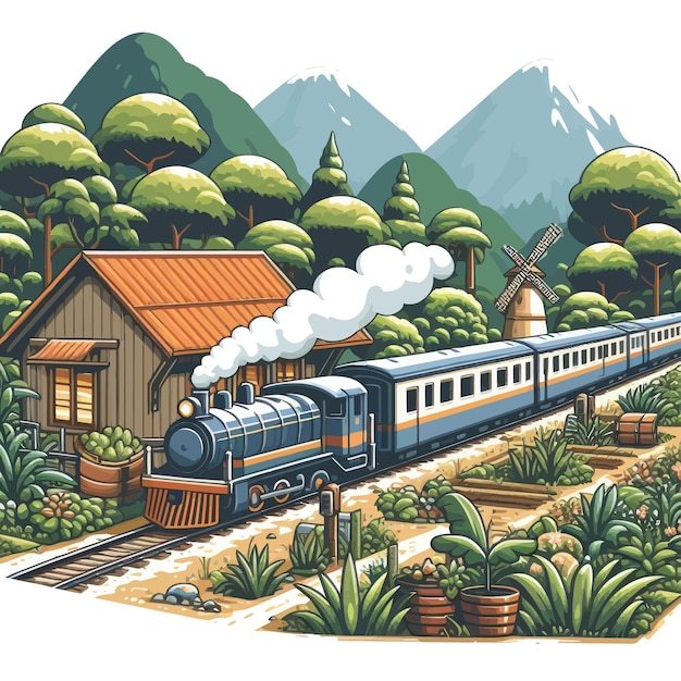 a picture of a train with a house and a plant with a house in the background