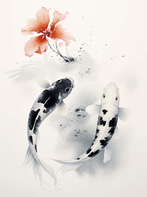 Vector a picture of two fish and a flower with the title koi on it