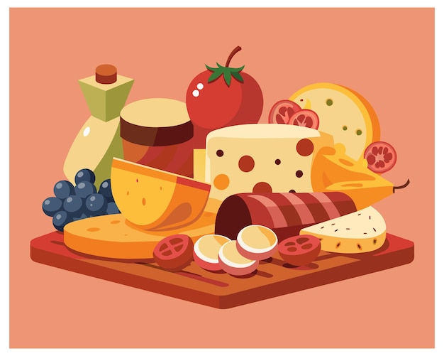 Vector a picture of a variety of cheeses including apples grapes and cheese