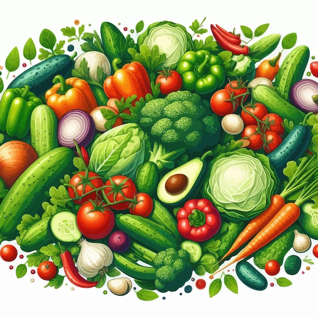 a picture of vegetables and fruits including vegetables